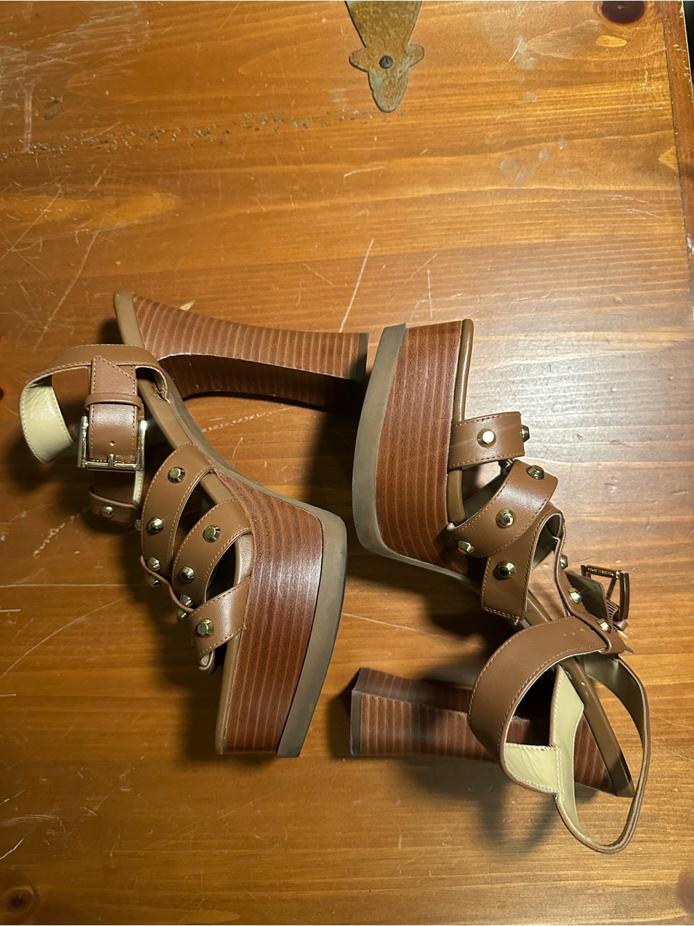 Michael Kors Brown Leather Platform Block Heel Sandals with Studs